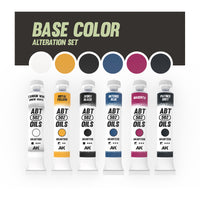 AK Interactive AKABT308 Base Color Alteration Set displaying all six oil paint tubes alongside color swatches of each shade, arranged on a white background to showcase the range and versatility of the set for modifying base colors in scale modeling
