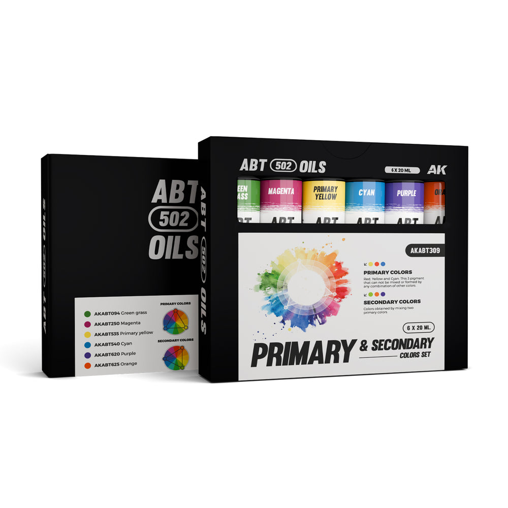 AK Interactive Abteilung 502 Oil Paints Primary And Secondary Colors Set AKABT309 package showcasing the complete set of six vibrant paint tubes on a clean white background