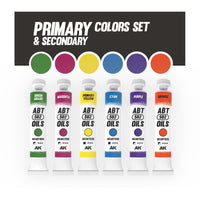 AK Interactive AKABT309 Primary And Secondary Colors Set displaying all six oil paint tubes alongside color swatches of each shade, arranged in color wheel order on a white background to showcase the range and mixing potential of the se
