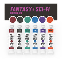 AK Interactive AKABT310 Fantasy and Sci-fi Set displaying all six oil paint tubes alongside color swatches of each shade, arranged to showcase the vivid and otherworldly range of colors perfect for fantasy and sci-fi modeling
