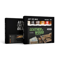 AK Interactive Abteilung 502 Oil Paints Leather and Wood Set AKABT311 package showcasing the complete set of six warm-toned paint tubes on a clean white background
