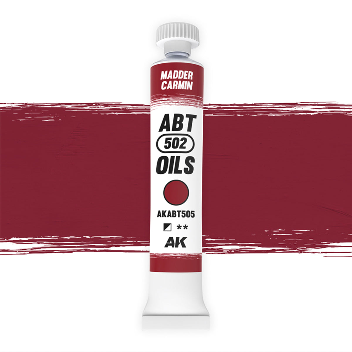 AK Interactive Abteilung 502 Madder Carmine Oil Paint AKABT505 bottle showcasing its rich, deep red color on a clean white background
