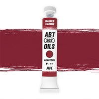 AK Interactive Abteilung 502 Madder Carmine Oil Paint AKABT505 bottle showcasing its rich, deep red color on a clean white background
