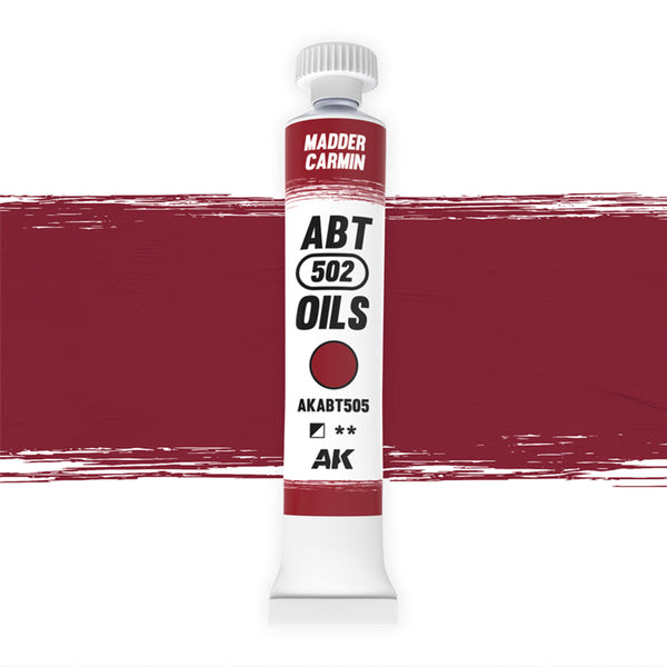 AK Interactive Abteilung 502 Madder Carmine Oil Paint AKABT505 bottle showcasing its rich, deep red color on a clean white background