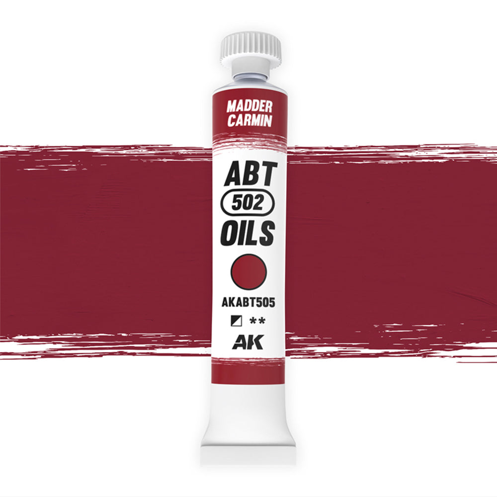 AK Interactive Abteilung 502 Madder Carmine Oil Paint AKABT505 bottle showcasing its rich, deep red color on a clean white background