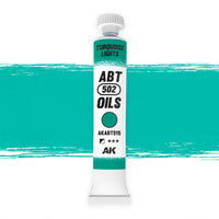 AK Interactive Abteilung 502 Turquoise Lights Oil Paint AKABT515 bottle showcasing its vibrant, eye-catching turquoise color on a clean white background
