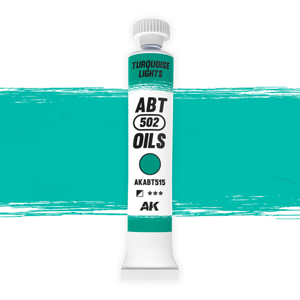 AK Interactive Abteilung 502 Turquoise Lights Oil Paint AKABT515 bottle showcasing its vibrant, eye-catching turquoise color on a clean white background