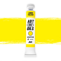 AK Interactive Abteilung 502 Lemon Yellow Oil Paint AKABT530 bottle showcasing its bright, clean yellow color on a pristine white background
