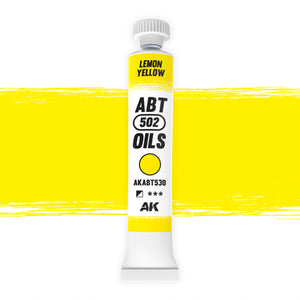 AK Interactive Abteilung 502 Lemon Yellow Oil Paint AKABT530 bottle showcasing its bright, clean yellow color on a pristine white background