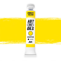 AK Interactive Abteilung 502 Primary Yellow Oil Paint AKABT535 bottle showcasing its pure, vibrant yellow color on a clean white background
