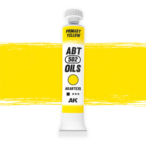 AK Interactive Abteilung 502 Primary Yellow Oil Paint AKABT535 bottle showcasing its pure, vibrant yellow color on a clean white background