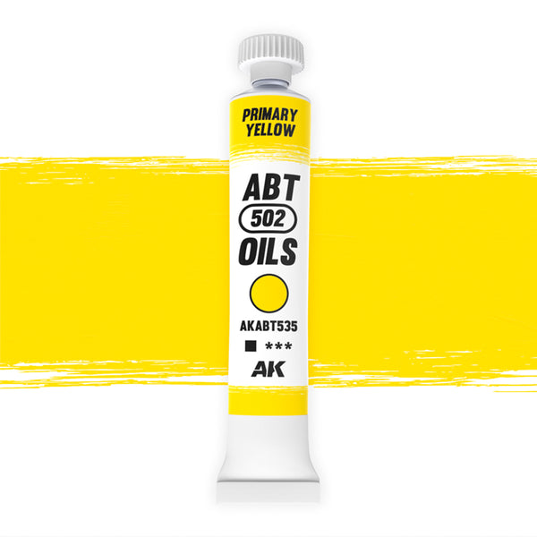 AK Interactive Abteilung 502 Primary Yellow Oil Paint AKABT535 bottle showcasing its pure, vibrant yellow color on a clean white background