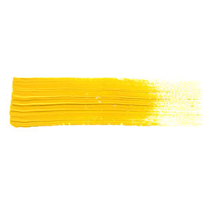 A smooth brush stroke of AKABT535 Primary Yellow Oil Paint on a white background, demonstrating its rich, true yellow tone perfect for color mixing and creating warm effects in scale modeling