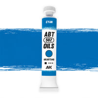 AK Interactive Abteilung 502 Cyan Oil Paint AKABT540 bottle showcasing its vibrant, cool blue color on a clean white background
