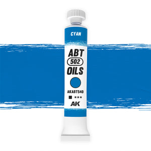 AK Interactive Abteilung 502 Cyan Oil Paint AKABT540 bottle showcasing its vibrant, cool blue color on a clean white background