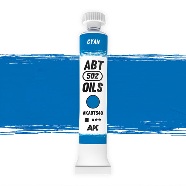 AK Interactive Abteilung 502 Cyan Oil Paint AKABT540 bottle showcasing its vibrant, cool blue color on a clean white background