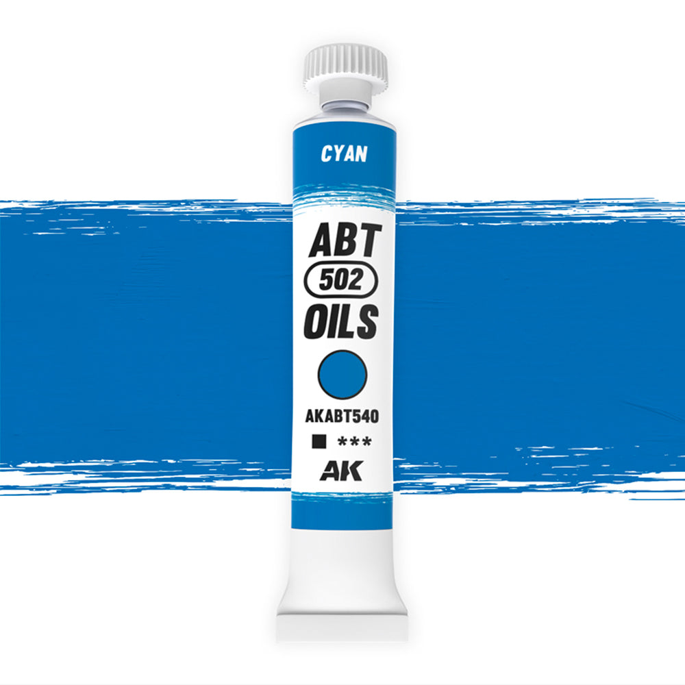 AK Interactive Abteilung 502 Cyan Oil Paint AKABT540 bottle showcasing its vibrant, cool blue color on a clean white background