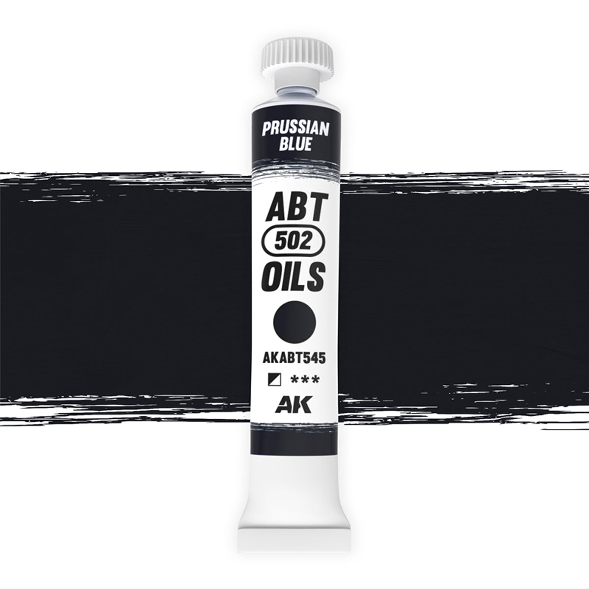 AK Interactive Abteilung 502 Prussian Blue Oil Paint AKABT545 bottle showcasing its deep, rich blue color with a hint of green on a clean white background
