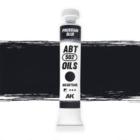 AK Interactive Abteilung 502 Prussian Blue Oil Paint AKABT545 bottle showcasing its deep, rich blue color with a hint of green on a clean white background
