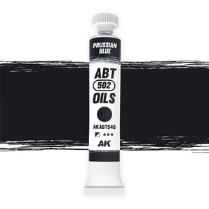 AK Interactive Abteilung 502 Prussian Blue Oil Paint AKABT545 bottle showcasing its deep, rich blue color with a hint of green on a clean white background