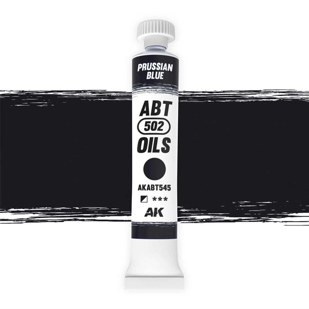 AK Interactive Abteilung 502 Prussian Blue Oil Paint AKABT545 bottle showcasing its deep, rich blue color with a hint of green on a clean white background