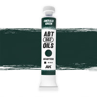 AK Interactive Abteilung 502 Emerald Green Oil Paint AKABT550 bottle showcasing its intense, vivid green color on a clean white background
