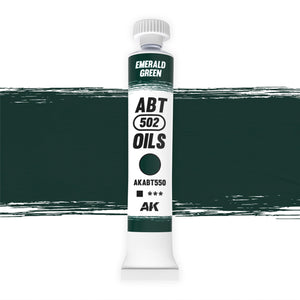 AK Interactive Abteilung 502 Emerald Green Oil Paint AKABT550 bottle showcasing its intense, vivid green color on a clean white background