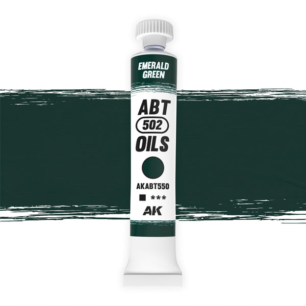 AK Interactive Abteilung 502 Emerald Green Oil Paint AKABT550 bottle showcasing its intense, vivid green color on a clean white background