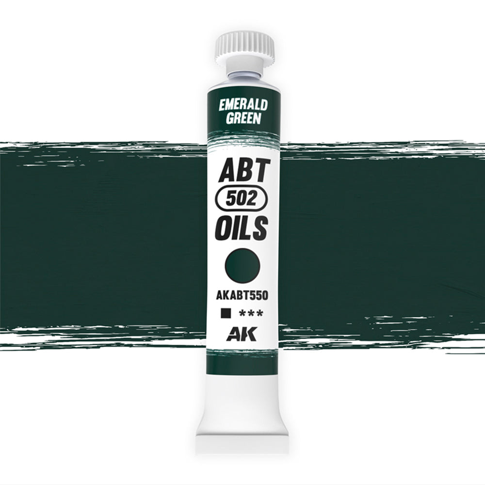 AK Interactive Abteilung 502 Emerald Green Oil Paint AKABT550 bottle showcasing its intense, vivid green color on a clean white background