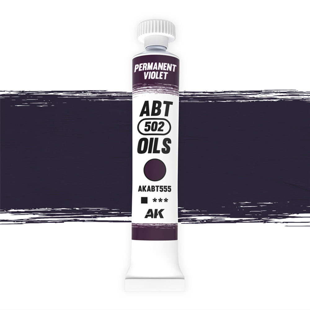  AK Interactive Abteilung 502 Permanent Violet Oil Paint AKABT555 bottle showcasing its rich, deep violet color on a clean white background