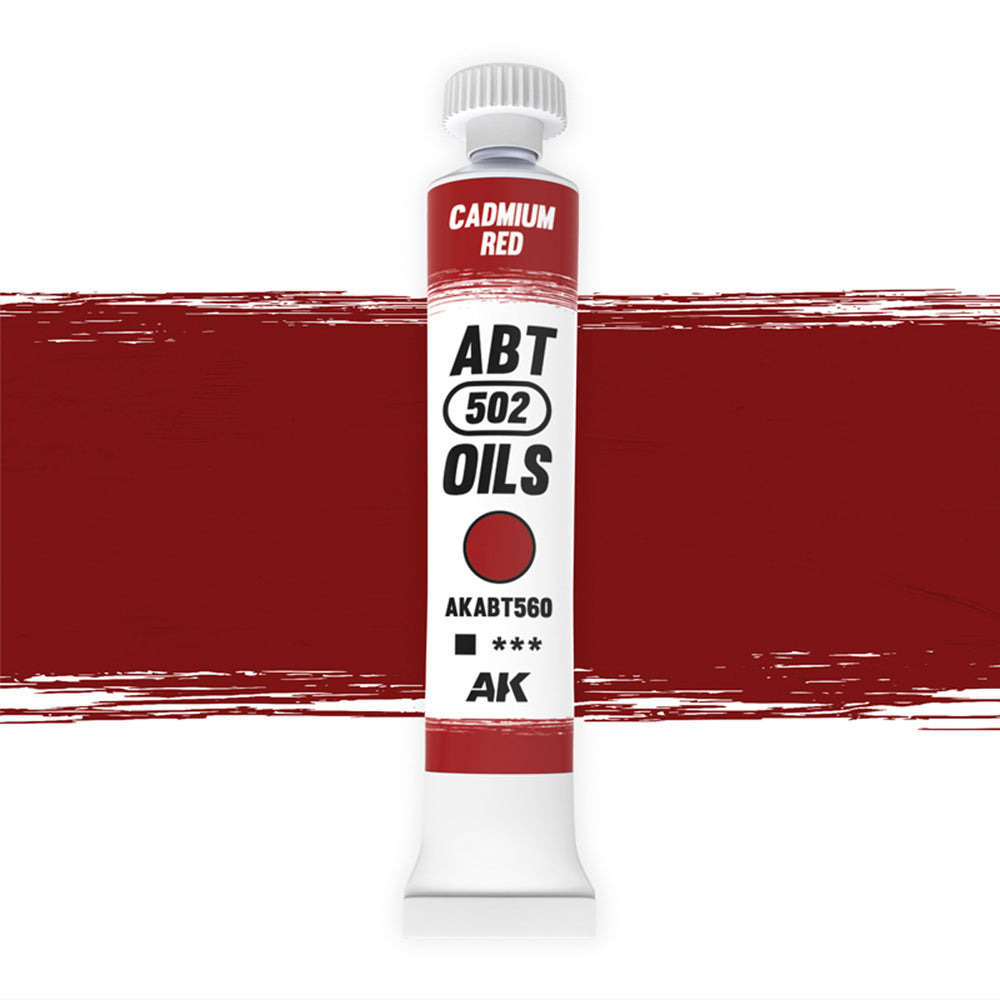 AK Interactive Abteilung 502 Cadmium Red Oil Paint AKABT560 bottle showcasing its intense, vibrant dark red color on a clean white background