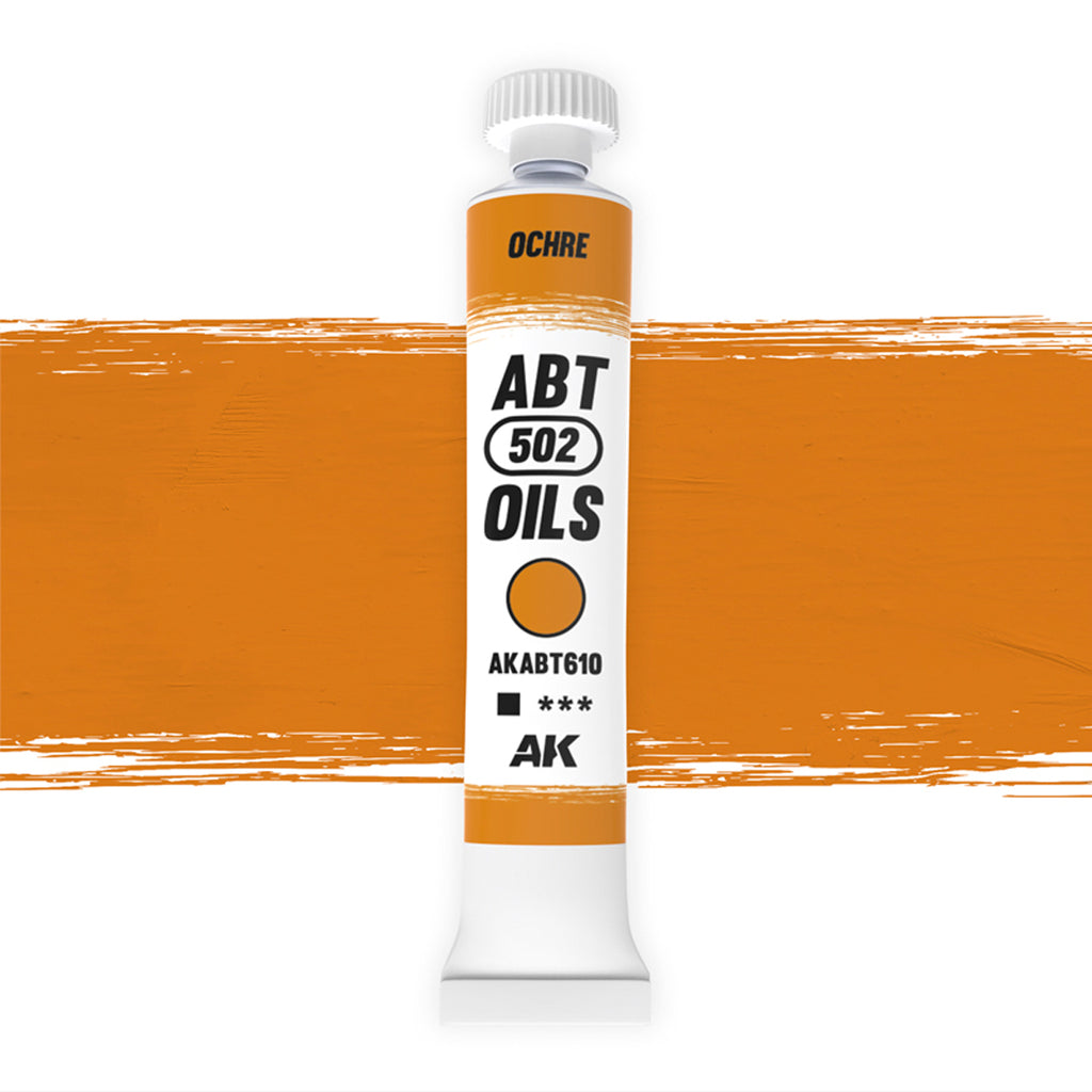 AK Interactive Abteilung 502 Ochre Oil Paint AKABT610 bottle showcasing its rich, earthy yellow-brown color on a clean white background