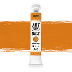 AK Interactive Abteilung 502 Ochre Oil Paint AKABT610 bottle showcasing its rich, earthy yellow-brown color on a clean white background