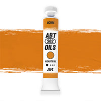 AK Interactive Abteilung 502 Ochre Oil Paint AKABT610 bottle showcasing its rich, earthy yellow-brown color on a clean white background
