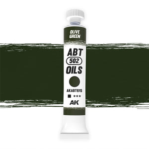 AK Interactive Abteilung 502 Olive Green Oil Paint AKABT615 bottle showcasing its authentic military olive green color on a clean white background