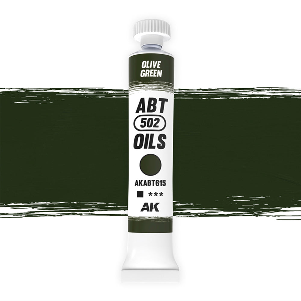 AK Interactive Abteilung 502 Olive Green Oil Paint AKABT615 bottle showcasing its authentic military olive green color on a clean white background