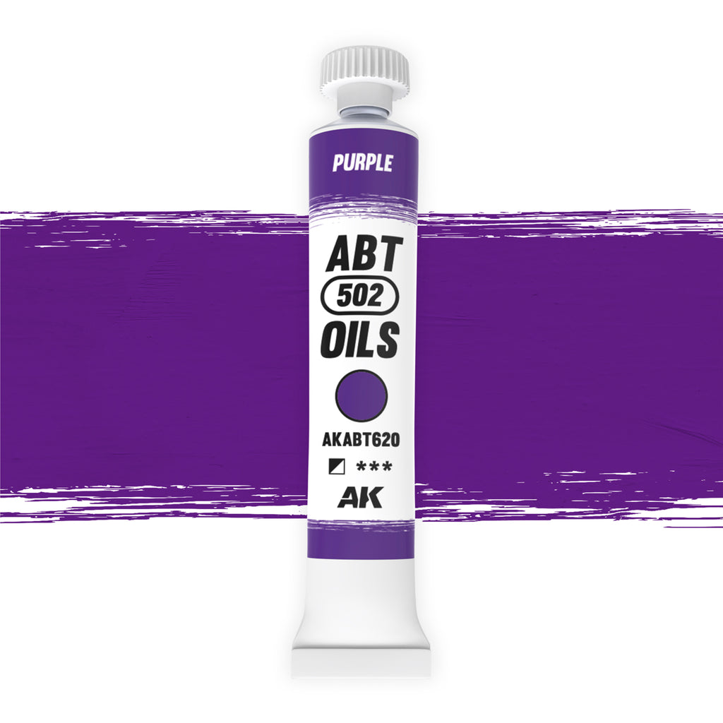 AK Interactive Abteilung 502 Purple Oil Paint AKABT620 bottle showcasing its rich, dark magenta color on a clean white background