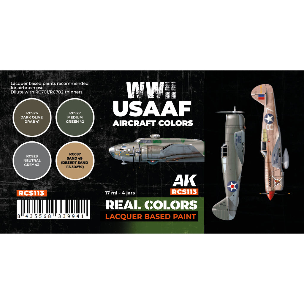 Close-up of the RCS113 USAAF Aircraft Colors box label listing the four colours and codes