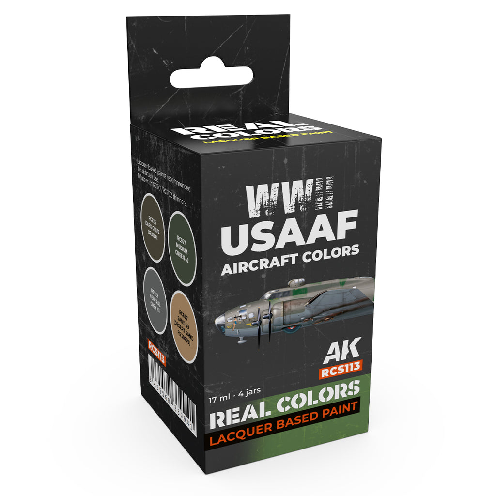 AK Interactive Real Colors WWII USAAF Aircraft Colors RCS113 box with four 17 ml lacquer paint bottles