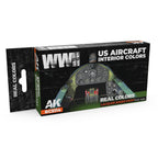 AK Interactive Real Colors WWII US Aircraft Interior Colors RCS114 box with six 17 ml lacquer paint bottles