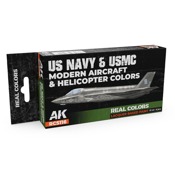 AK Interactive Real Colors SET RCS116 package displaying six meticulously formulated US Navy and USMC modern aircraft paint bottles on a clean white background