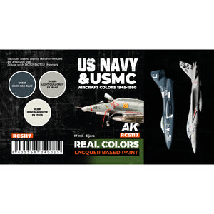 Detailed close-up of RCS117 set label displaying the three historically accurate US Navy and USMC aircraft paint colors, essential for precise scale modeling of post-war to Cold War era naval aircraft