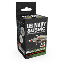 AK Interactive Real Colors Set RCS117 package showcasing three meticulously formulated US Navy and USMC historical aircraft paint bottles on a pristine white background
