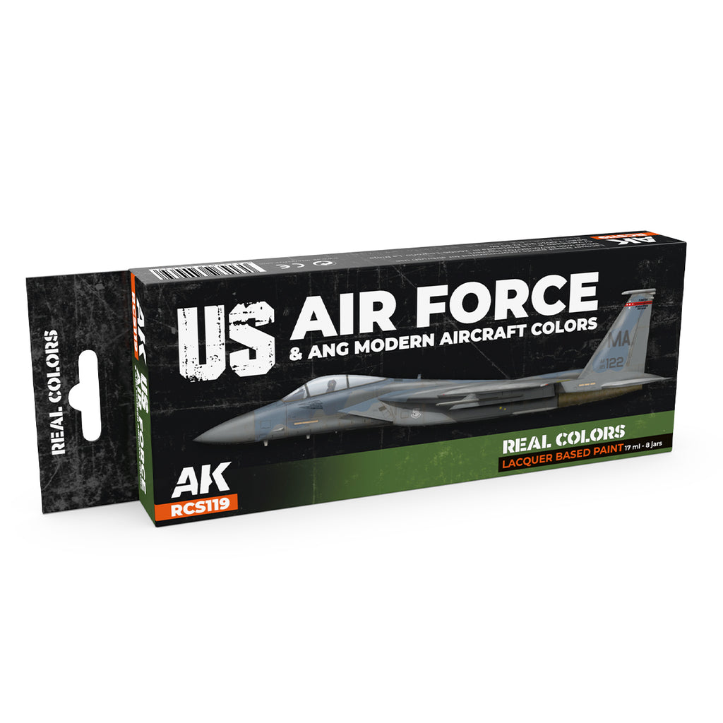 AK Interactive Real Colors USAF & ANG Modern Aircraft Colors RCS119 box with eight 17 ml lacquer paint bottles