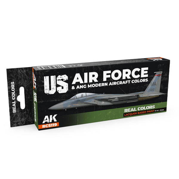 AK Interactive Real Colors Set RCS119 package showcasing eight meticulously formulated USAF and ANG modern aircraft paint bottles on a pristine white background