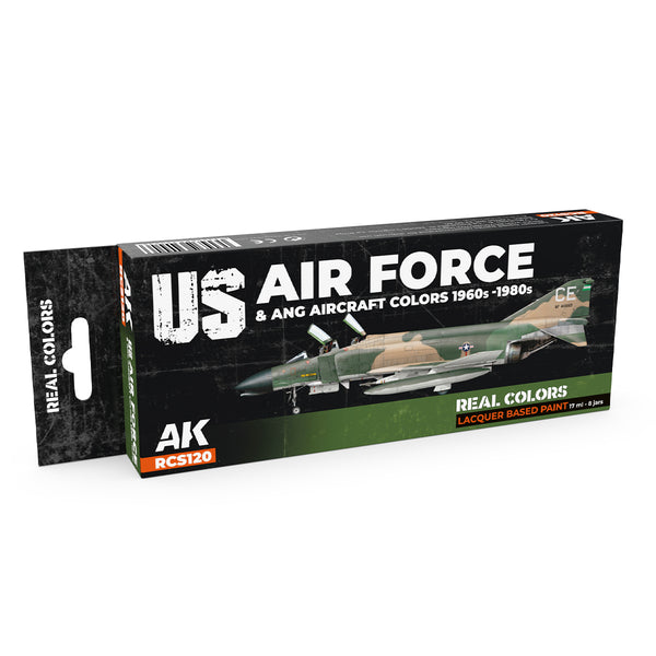 AK Interactive Real Colors Set RCS120 package displaying eight meticulously formulated USAF and ANG Cold War era aircraft paint bottles on a clean white background