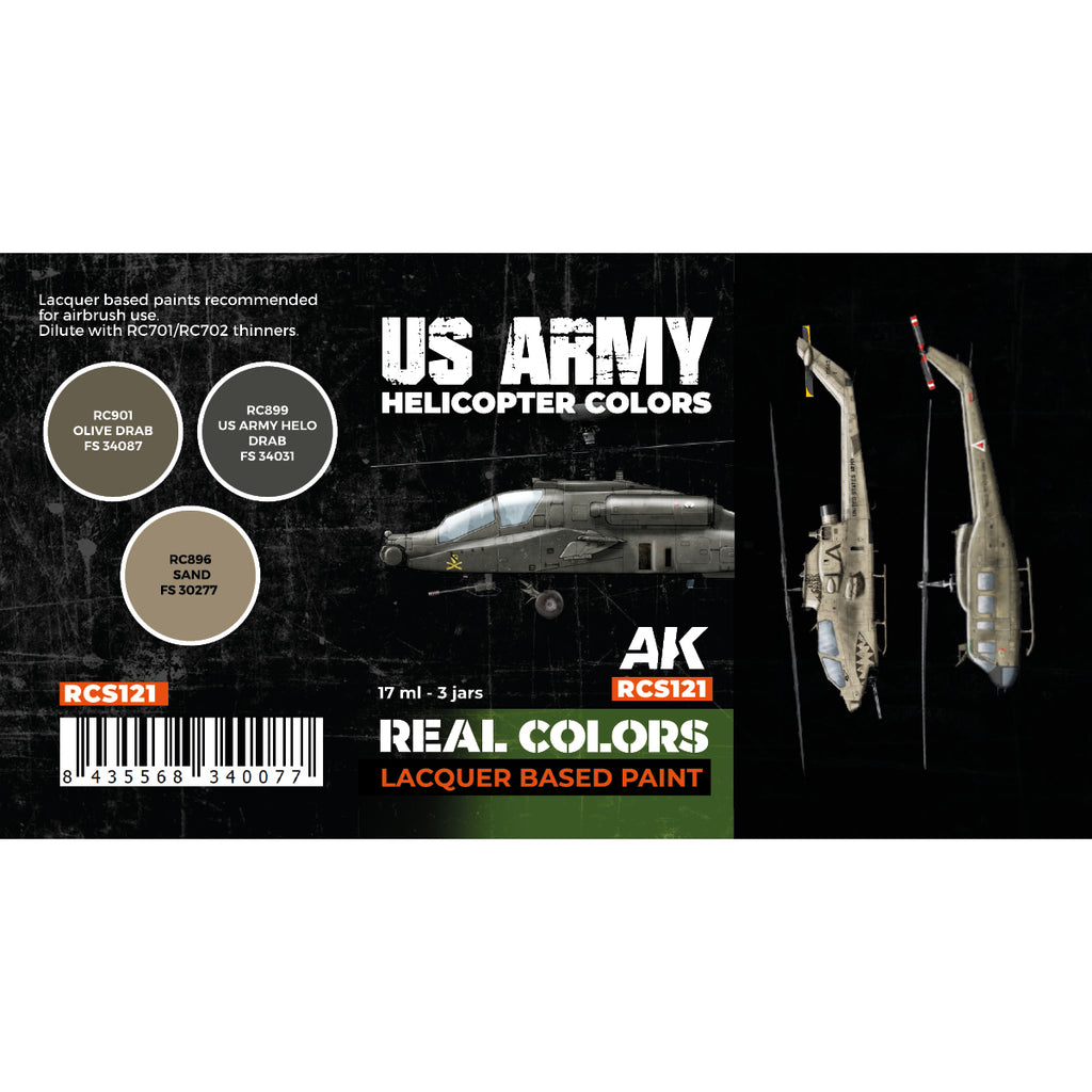 Rear of RCS121 showing Olive Drab, US Army Helo Drab and Sand FS colour swatches