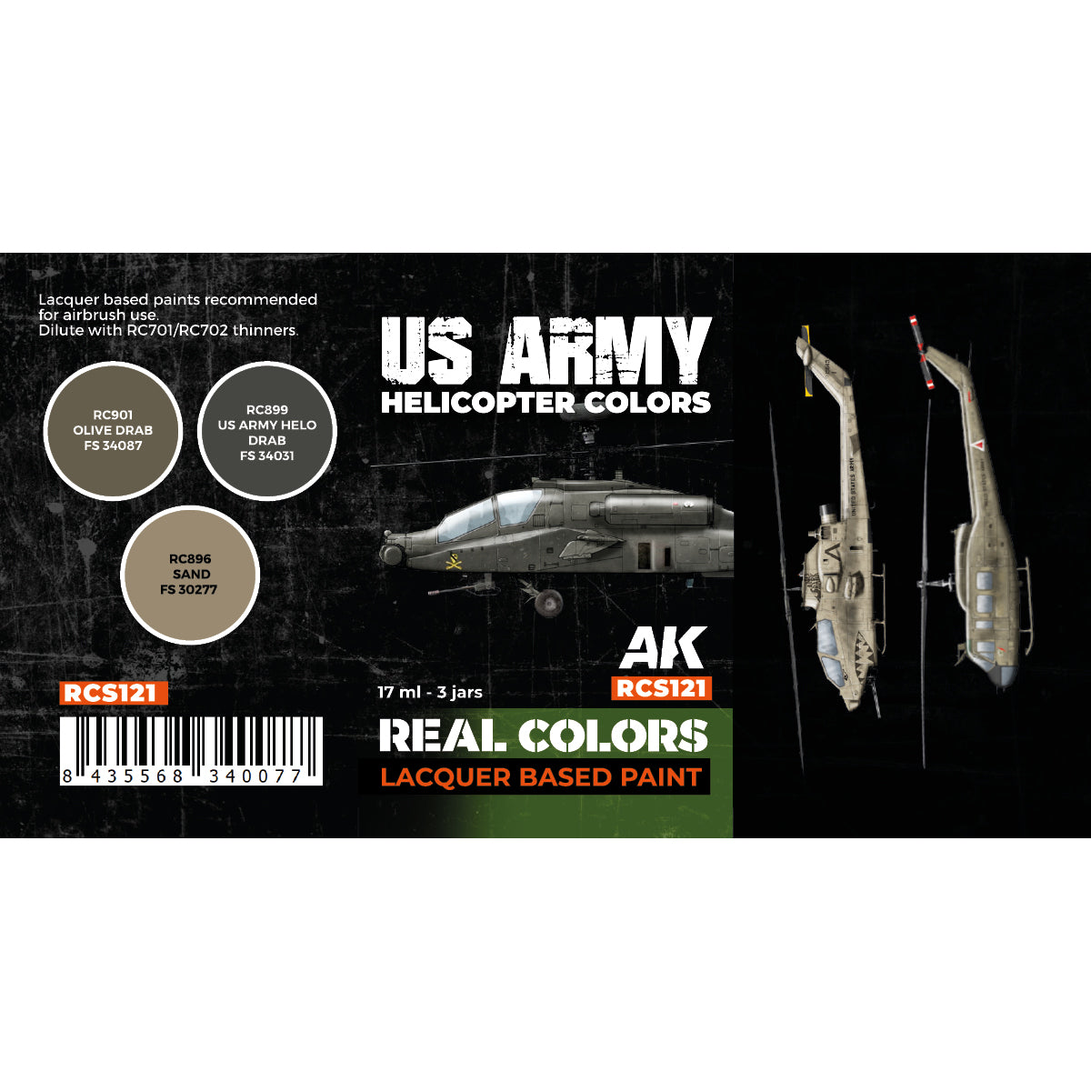 Detailed close-up of RCS121 set label displaying the three historically accurate US Army helicopter paint colors, essential for precise scale modeling from Vietnam to present day