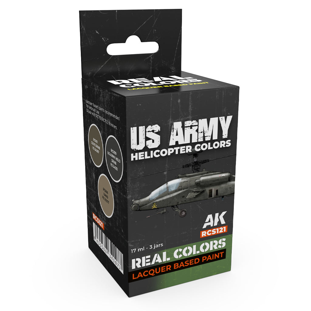AK Interactive Real Colors US Army Helicopter Colors RCS121 box with three 17 ml lacquer paint bottles