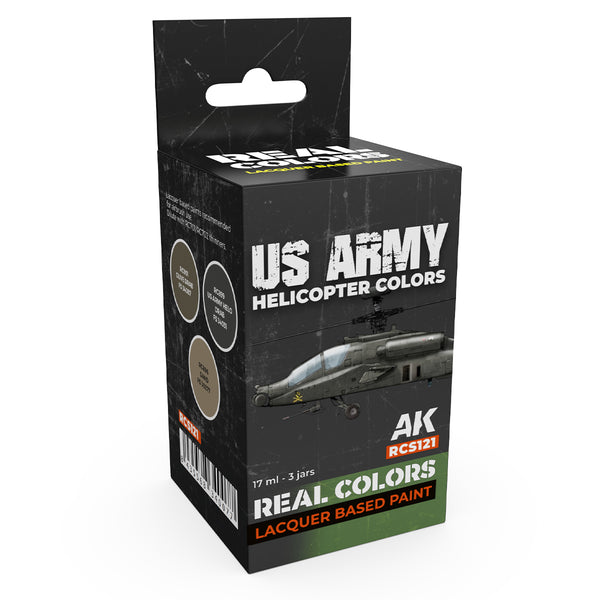 AK Interactive Real Colors Set RCS121 package showcasing three meticulously formulated US Army helicopter paint bottles spanning decades on a pristine white background